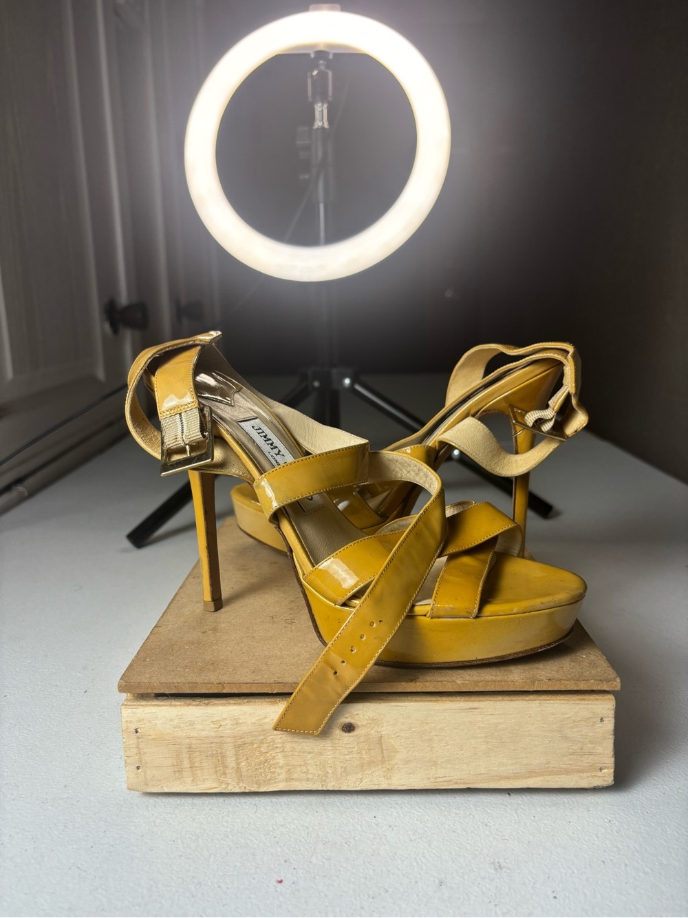 Jimmy Choo Sz 38 / US 8 Yellow patent leather platform heels